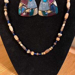 Multi-beaded necklace with wood, carved white, glass and matching earrings
